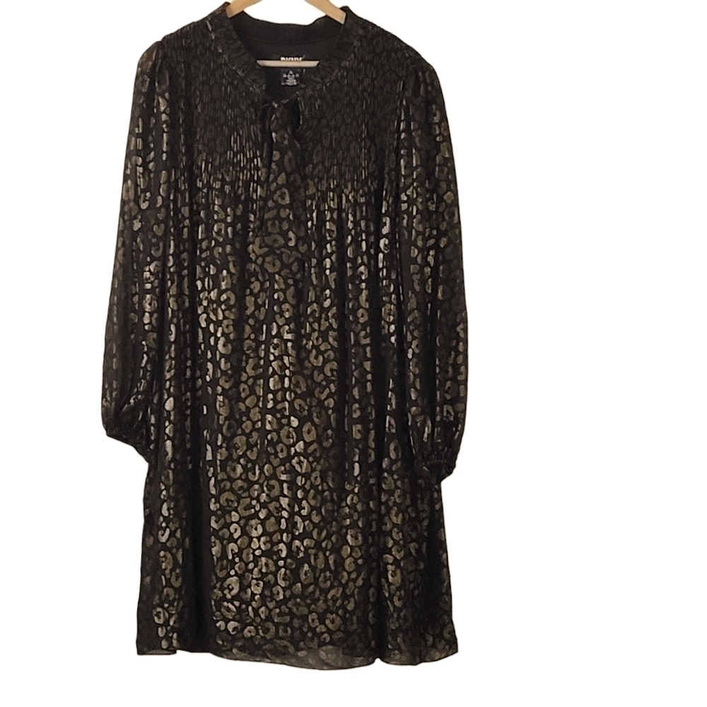 DKNY Plus Size Leopard-Print Tie-Neck Pleated Dress - Picture 3 of 12
